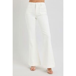 RISEN High Rise Long Tall Front Patch Pocket White Denim Flare Jeans Size 32 x 3